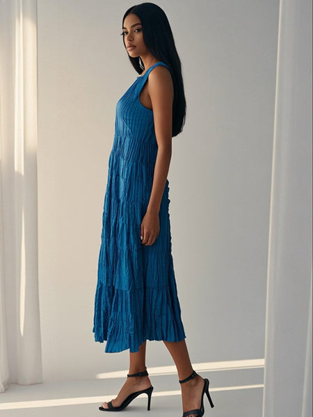 Square Neck Sleeveless Pleated Dress