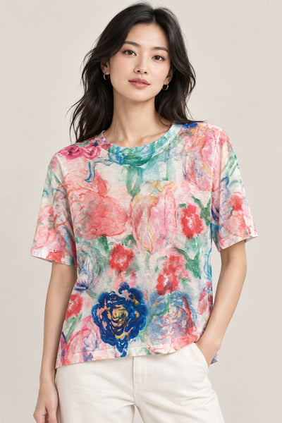 Multi-color Floral Short Sleeve Knit Top