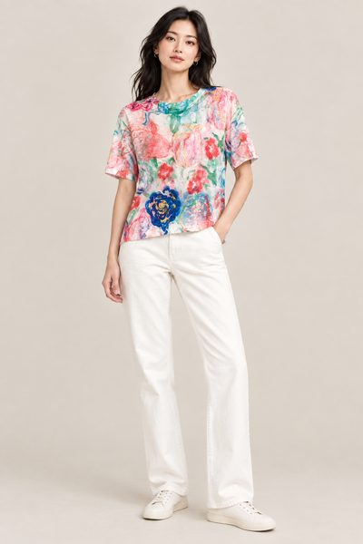 Multi-color Floral Short Sleeve Knit Top
