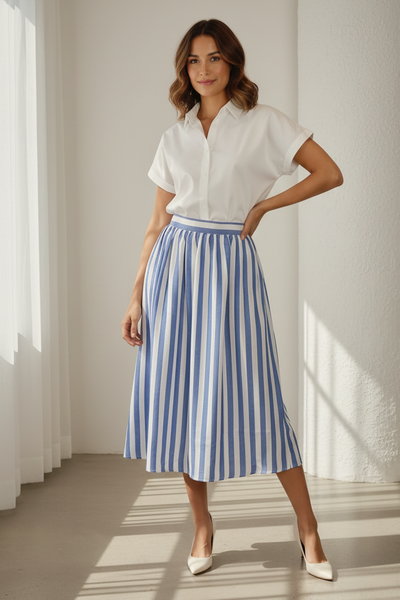 Button Blouse & Striped Skirt