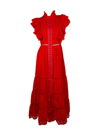 1250005 Stand Collar Hollow Embroidery Sleeveless Ruffles Dress *Last Piece