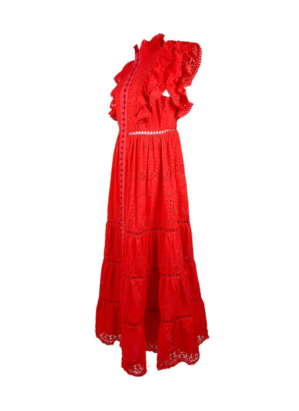 1250005 Stand Collar Hollow Embroidery Sleeveless Ruffles Dress *Last Piece