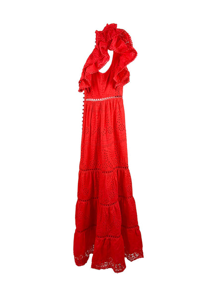 1250005 Stand Collar Hollow Embroidery Sleeveless Ruffles Dress *Last Piece