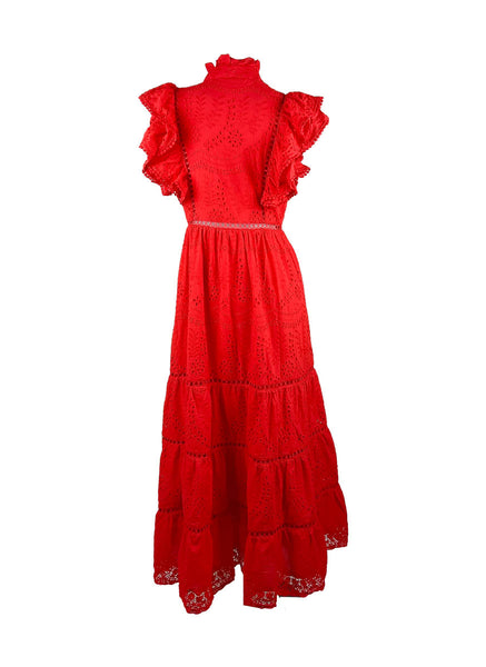 1250005 Stand Collar Hollow Embroidery Sleeveless Ruffles Dress *Last Piece
