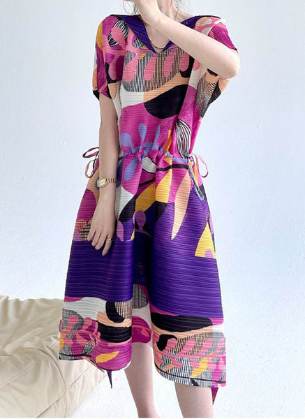 1250011 V-Neck Pleated Drawstring Waist Dress *Last Piece