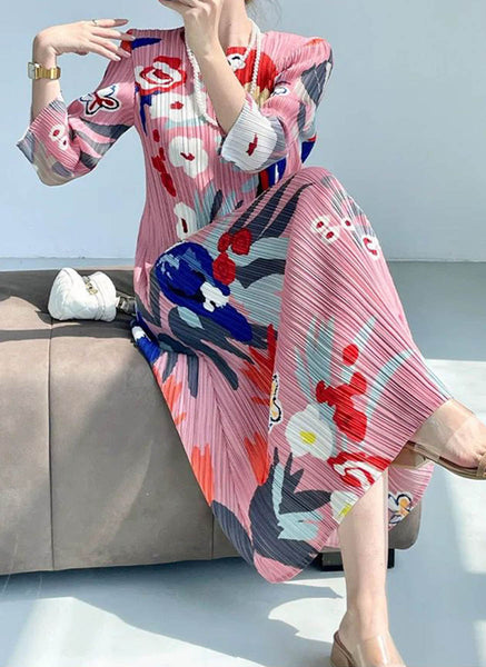 1250035 Printed Long Sleeve Pleats Dress *Last Piece