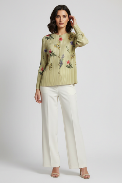 Multicolored Floral Accents Pleats Cardigan