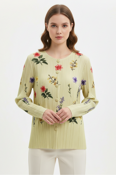 Multicolored Floral Accents Pleats Cardigan