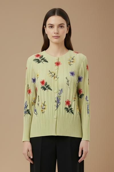 Multicolored Floral Accents Pleats Cardigan