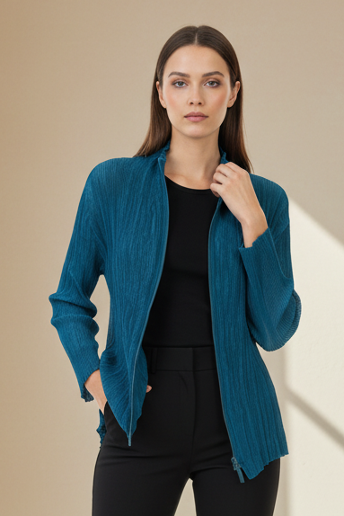 Sheer Crinkled Zipper Cardigan