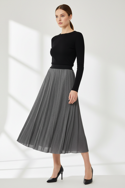 Diagonal Ribbed Pleats Midi Skirt