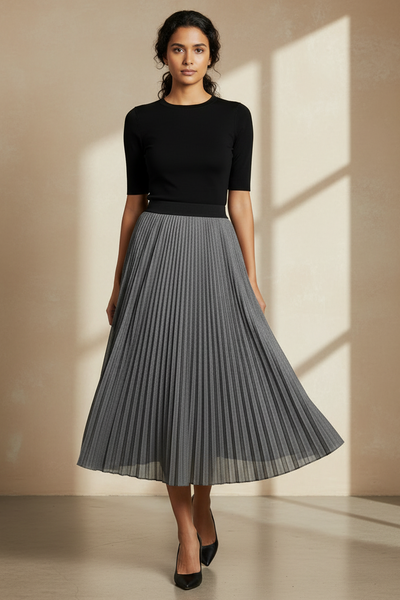 Diagonal Ribbed Pleats Midi Skirt