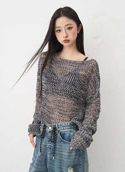 3250091 Long Sleeve Hollow Knit Sweater *Last Piece