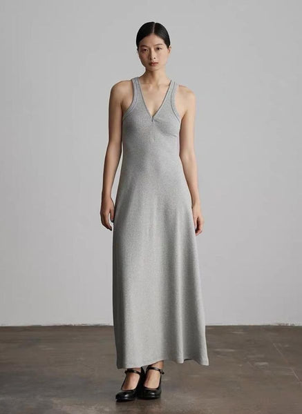 4250013 Zip Front Sleeveless Knitted Tank Dress *Grey