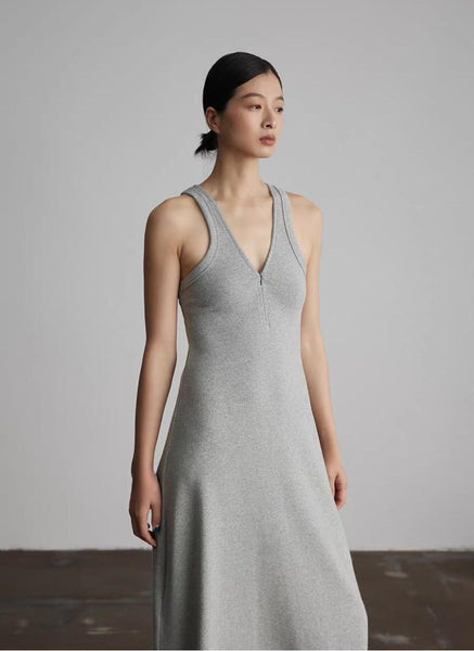 4250013 Zip Front Sleeveless Knitted Tank Dress *Grey