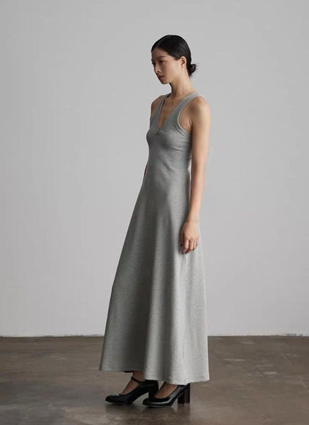 4250013 Zip Front Sleeveless Knitted Tank Dress *Grey