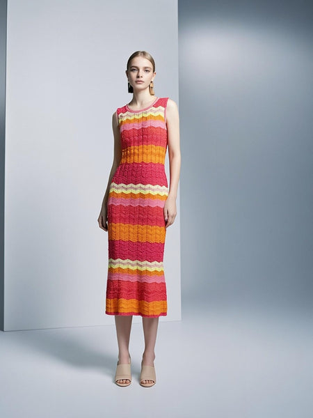 8250029 Zigzag Stripes Crochet Midi Dress