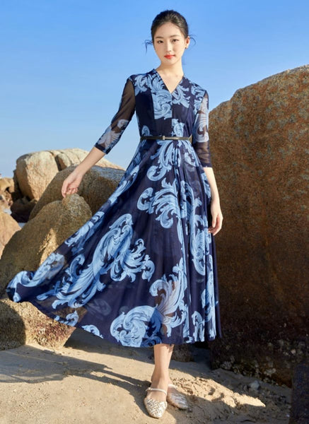3250048 Prints Belted Flare Mesh Dress *Blue
