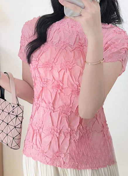4250007 Diamond Wrinkle Short Sleeved Pleats Top *Pink