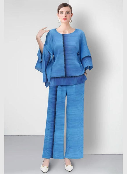 4250005 Tie-Die Bat Sleeved Pleats Top & Pants Set *Blue