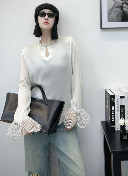 3250008 Keyhole Neck Long Sleeve Silk Top *Last Piece