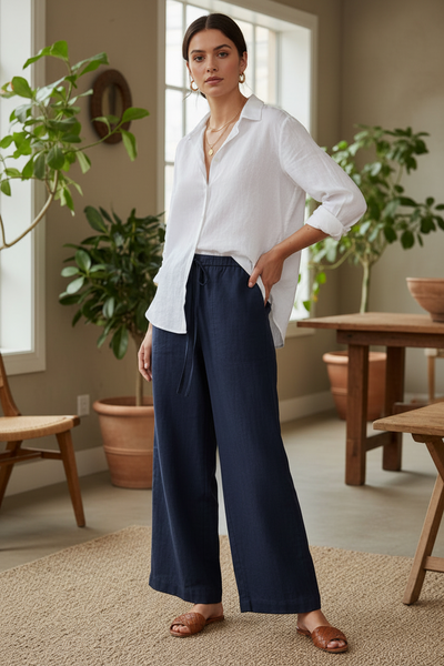Wide-leg Drawstring Linen Pants