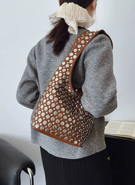 3250094 Studded Shoulder Leather Bag *Preorder