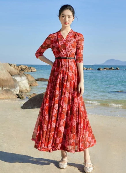 3250048 Prints Belted Flare Mesh Dress *Last Piece