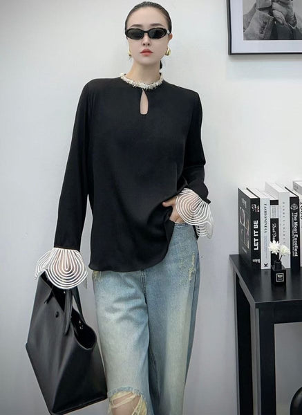 3250008 Keyhole Neck Long Sleeve Silk Top *Black