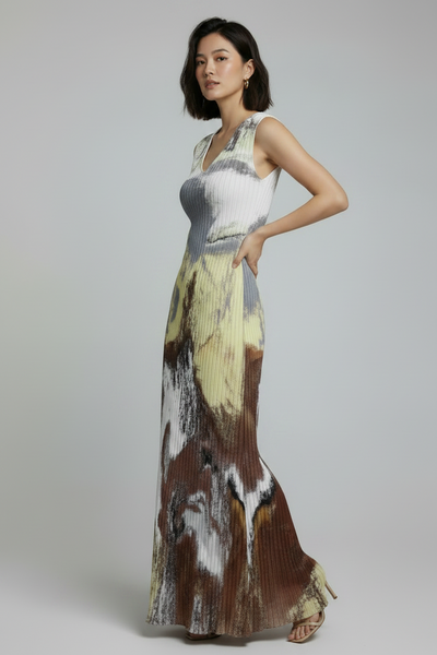 Printed Pattern Maxi Pleated Dress