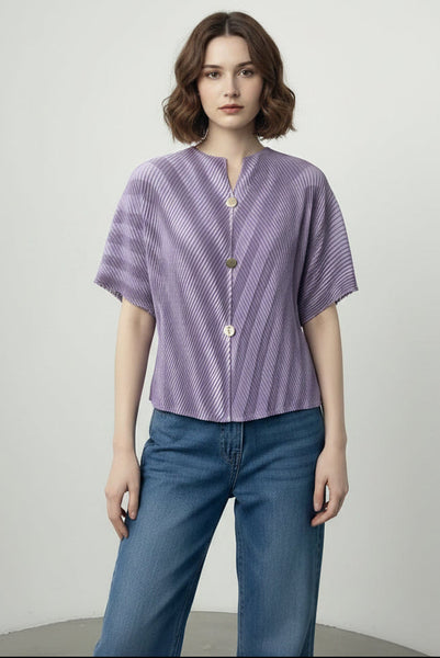 Striped V-neckline Pleats Top