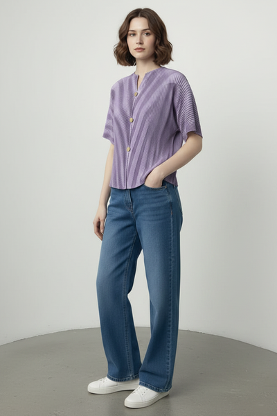 Striped V-neckline Pleats Top