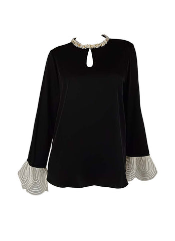 3250008 Keyhole Neck Long Sleeve Silk Top