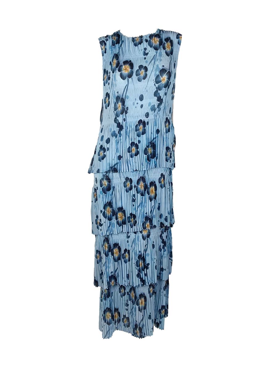 3250019 Round Neck Floral Ruffles Pleated Dress *Last Piece