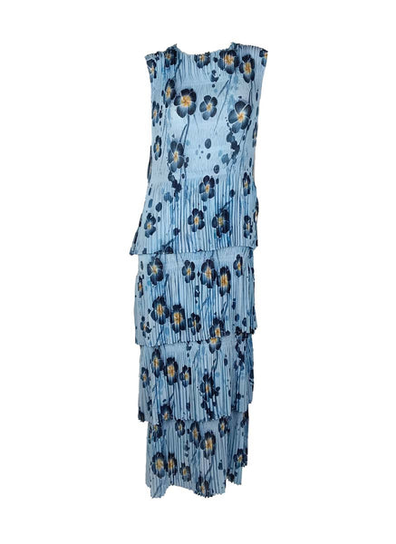 3250019 Round Neck Floral Ruffles Pleated Dress *Last Piece