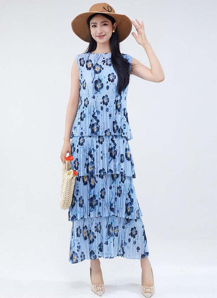 3250019 Round Neck Floral Ruffles Pleated Dress *Last Piece