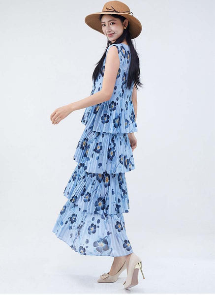3250019 Round Neck Floral Ruffles Pleated Dress *Last Piece