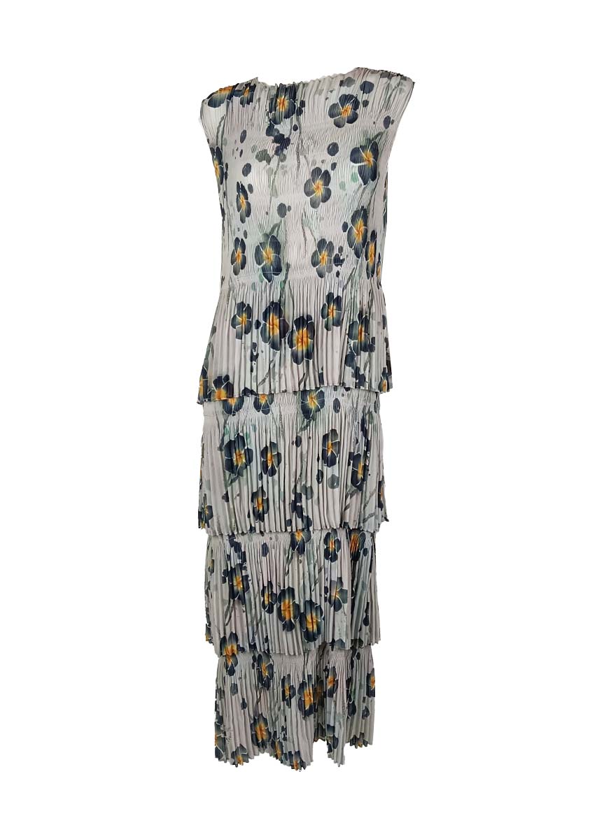 3250019 Round Neck Floral Ruffles Pleated Dress *Grey