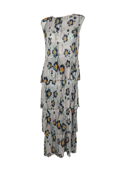 3250019 Round Neck Floral Ruffles Pleated Dress *Grey