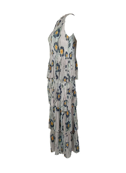 3250019 Round Neck Floral Ruffles Pleated Dress *Grey
