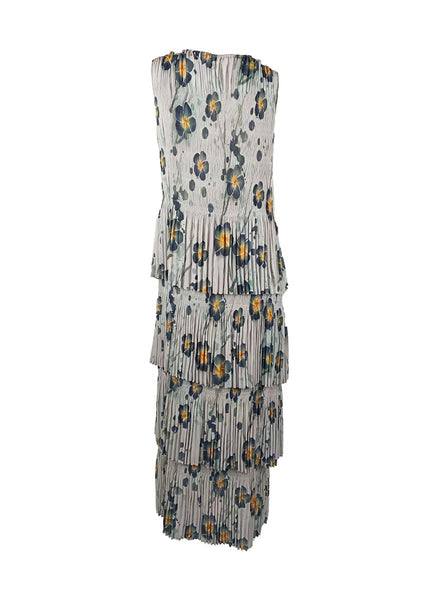 3250019 Round Neck Floral Ruffles Pleated Dress *Grey