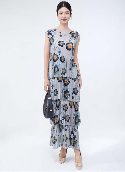 3250019 Round Neck Floral Ruffles Pleated Dress *Grey
