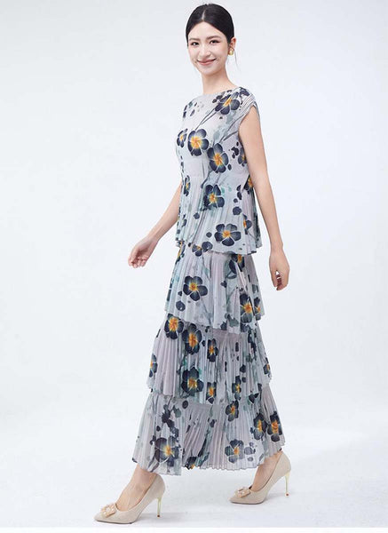 3250019 Round Neck Floral Ruffles Pleated Dress *Grey