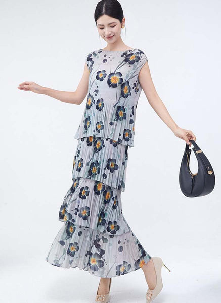 3250019 Round Neck Floral Ruffles Pleated Dress *Grey