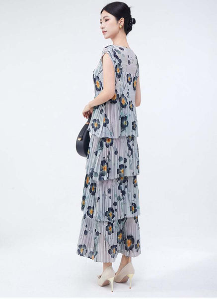 3250019 Round Neck Floral Ruffles Pleated Dress *Grey
