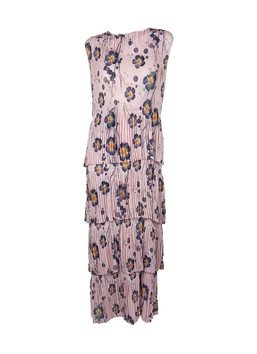 3250019 Round Neck Floral Ruffles Pleated Dress *Pink