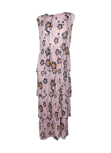 3250019 Round Neck Floral Ruffles Pleated Dress *Pink