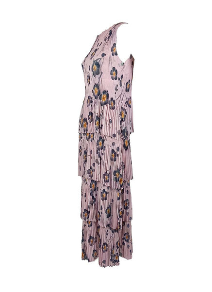 3250019 Round Neck Floral Ruffles Pleated Dress *Pink