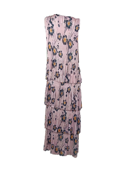 3250019 Round Neck Floral Ruffles Pleated Dress *Pink