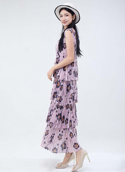 3250019 Round Neck Floral Ruffles Pleated Dress *Pink